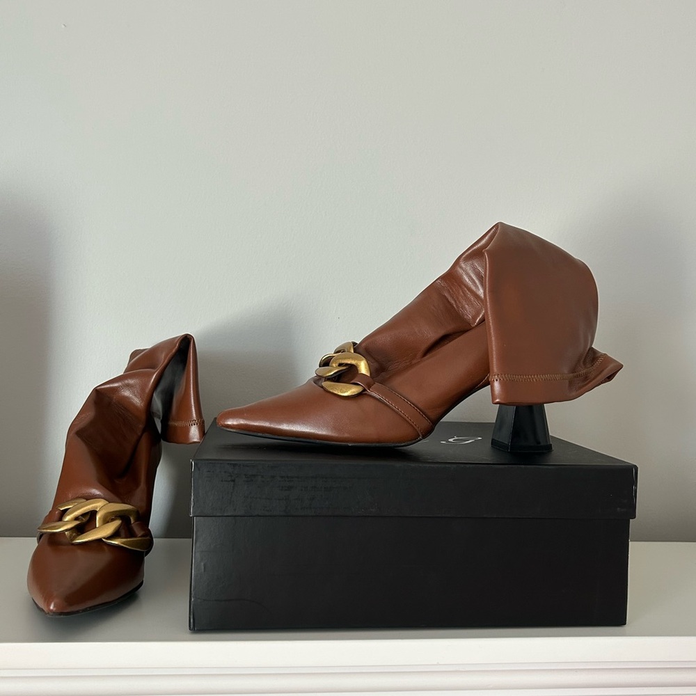 Brown and Gold Chunky Heel Loafers